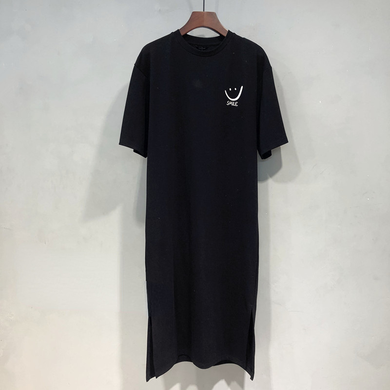 1106 # 【2025夏新商品】純綿笑顔丸首側開叉長型膝丈tシャツワンピース女