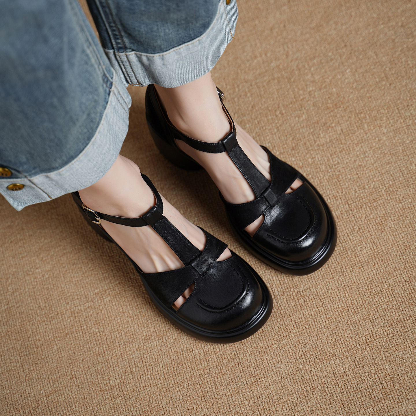 Sandal nữ cao gót mũi nhọn quai chữ T da bò, gót 8 cm — đen