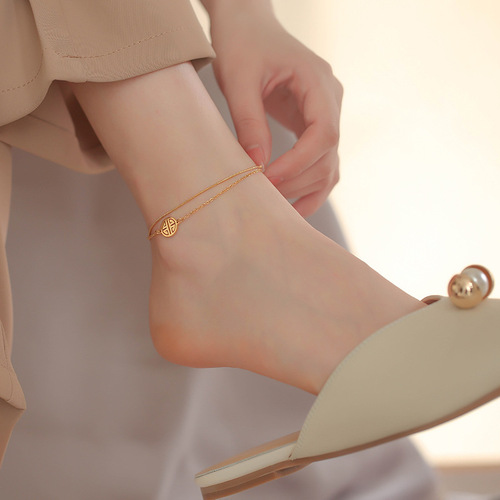 Temperament Lucky Double Layer Fortune Brand Anklet for Women New Internet Celebrity Foot Rope Fortune Anklet 18k Gold Anklet Transfer Leg Chain