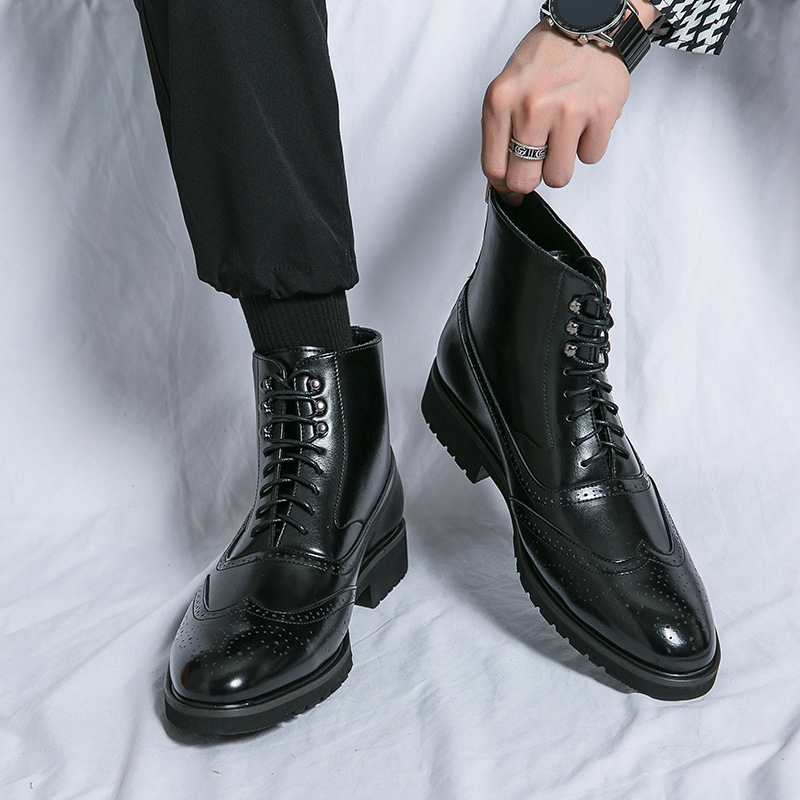 Distressed Leather Brogue Boots For Men High Top Formal Shoes_voghion.com