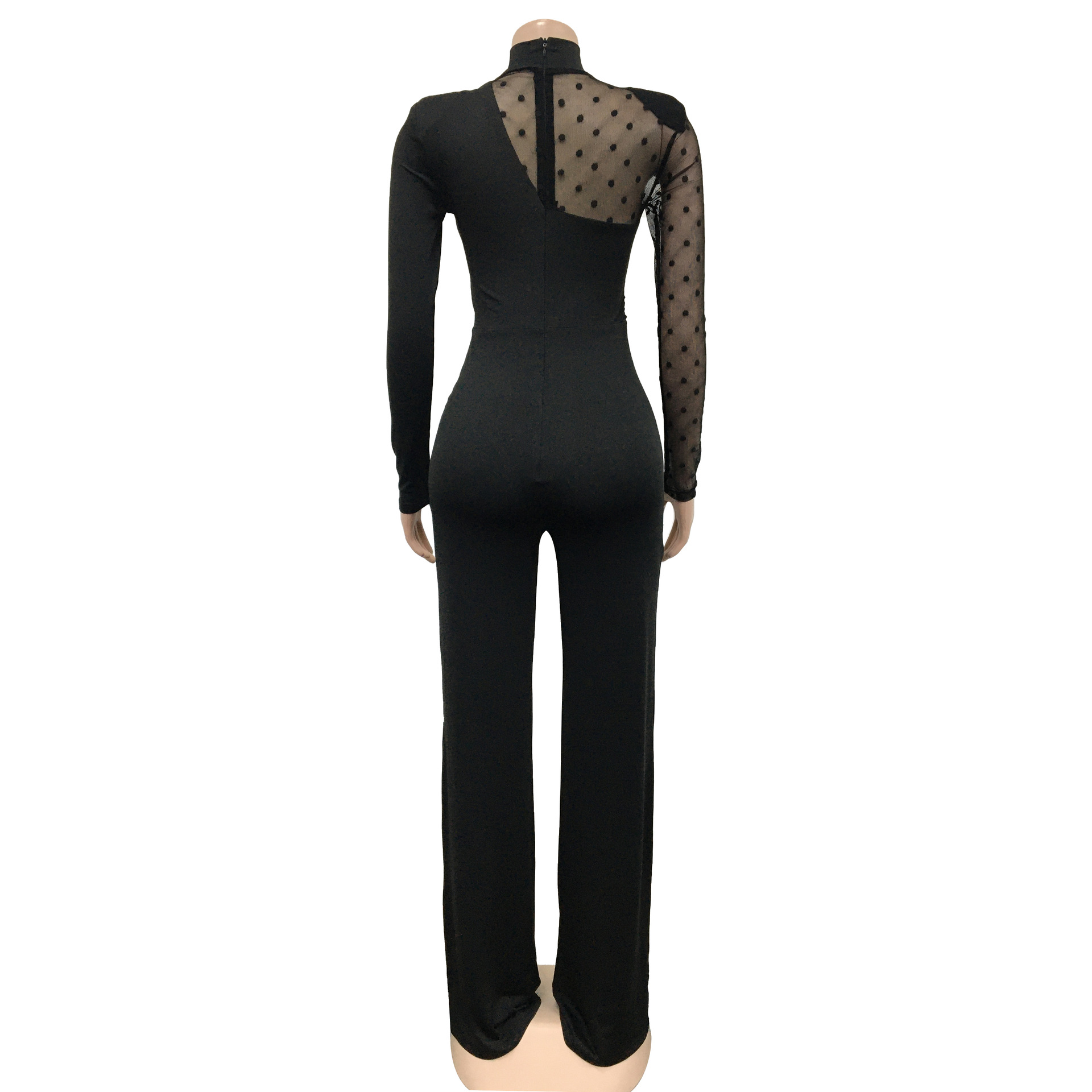 Women's Clothing fashion women's polka dot mesh see-through long-sleeved trousers solid color jumpsuit_voghion.com