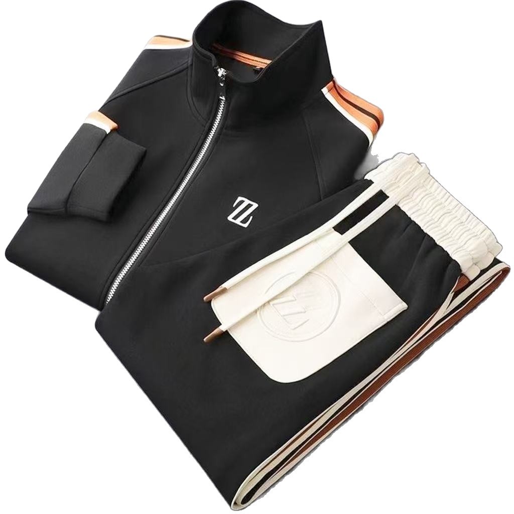 Men's Spring New Style Collar Casual Sports suit Trendy Fashion Sportswear Long-sleeved Straight Pants Two-piece Set