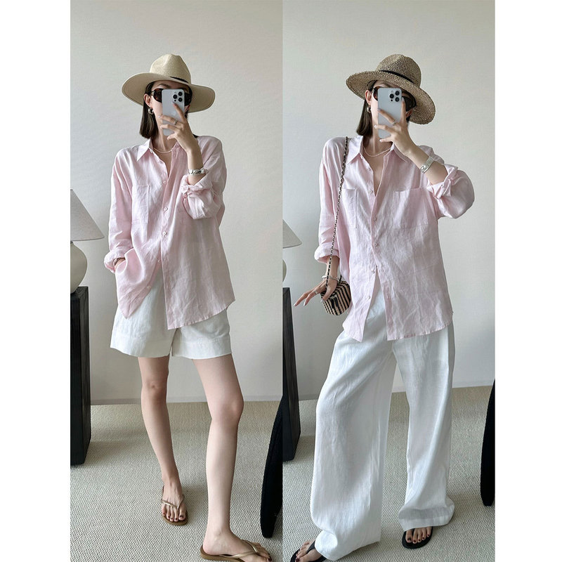 CodeNa High Sense Linen Long Sleeve Pale Pink Shirt Women's Top Coat Loose Elegant Cotton Linen Shirt