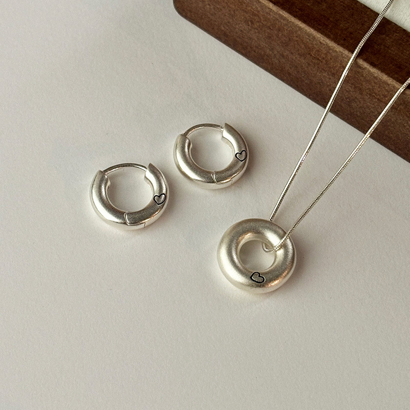 S pure silver heart-shaped buckle women's Japanese and Korean fashion set necklace personalized round ear rings, give_voghion.com