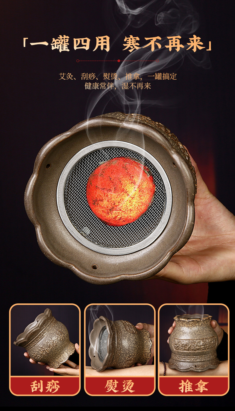Ceramic Bian Stone Lotus Fire Dragon Cup Moxibustion Gua Sha Jar for Home Wellness 11cm 400g key features