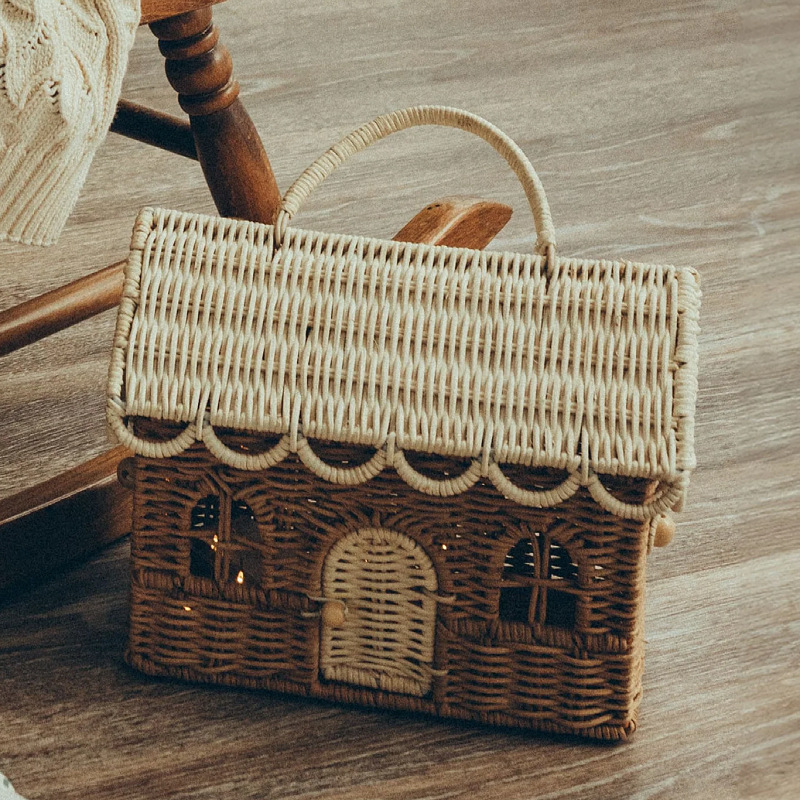 Casa nórdica bolsa de tejido casa juguetes para niños bolsas de mano cestas de paja cubierta cestas de almacenamiento accesorios de fotografía