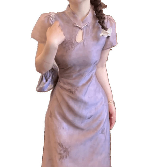 Purple Printed Improved Cheongsam Dress for Women Summer New Style High-End New Chinese Style National Style Waist Long Skirt