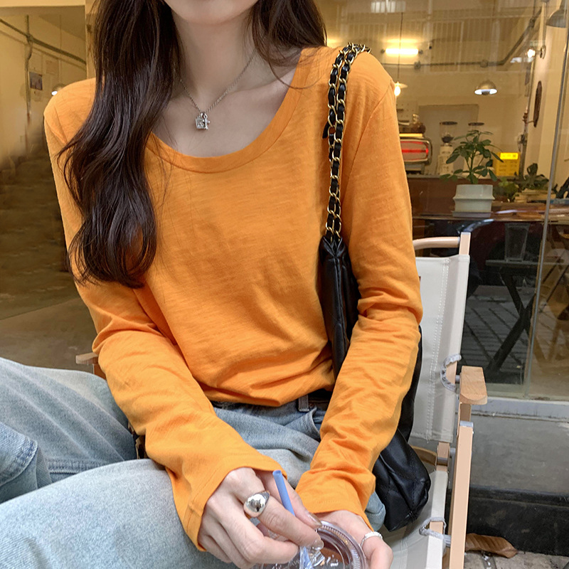 크루 넥 코튼 대나무 긴팔 티셔츠베이스 셔츠 여성의 봄과 가을 2024 새로운 캐주얼 간단한 올 매치 탑