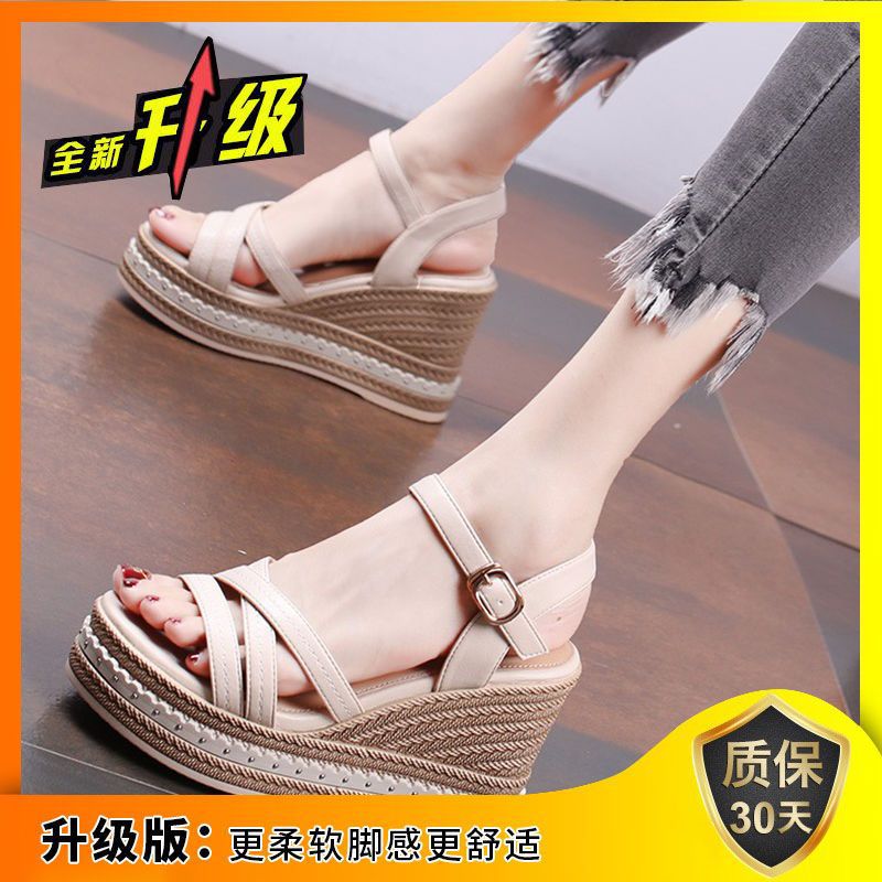 Sandálias de tacones inclinados para mujeres verano 2026 nuevo estilo simple versátil muffin impermeable tacones romanos