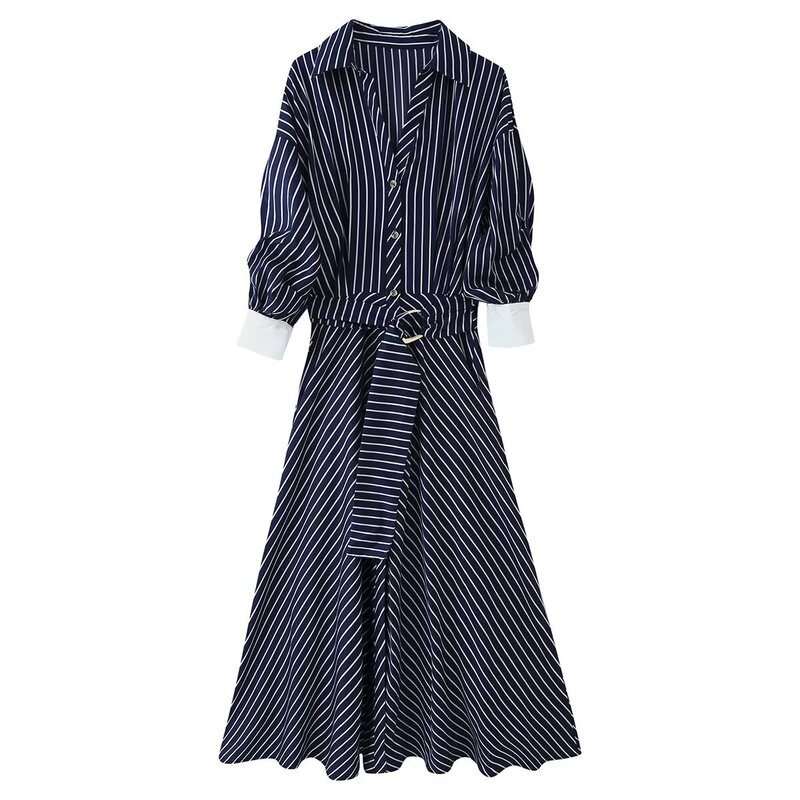 Elegant two-piece style color-block plaid dress for women, autumn collection, fitted waist, polo collar, long dress