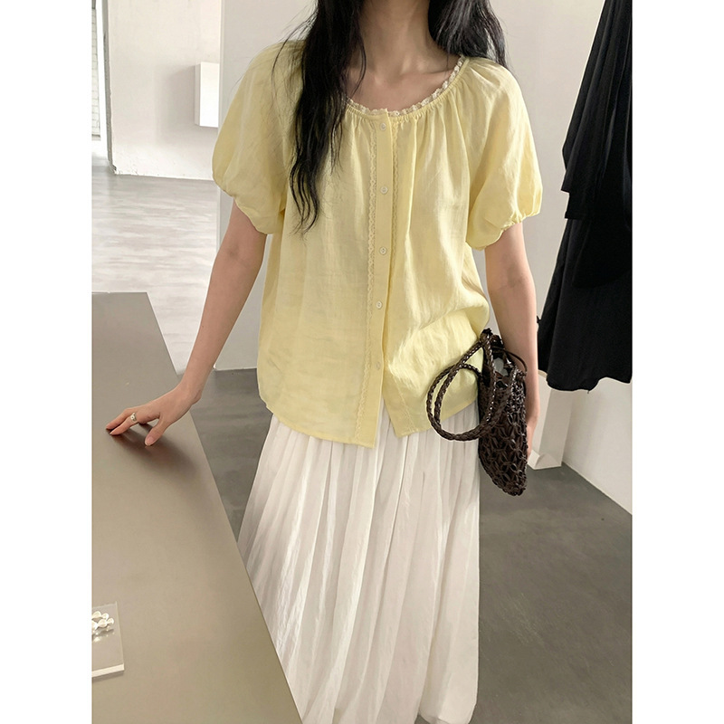 Mmc Ramie Tencel Short-Sleeved Shirt for Women 2026 Summer New Korean Style Single-Breasted Lace Collar Shirt 62S51058 Mmc Ramie Tencel Short-Sleeved Shirt for Women 2026 Summer New Korean Style Single-Breasted Lace Collar Shirt 62S51058