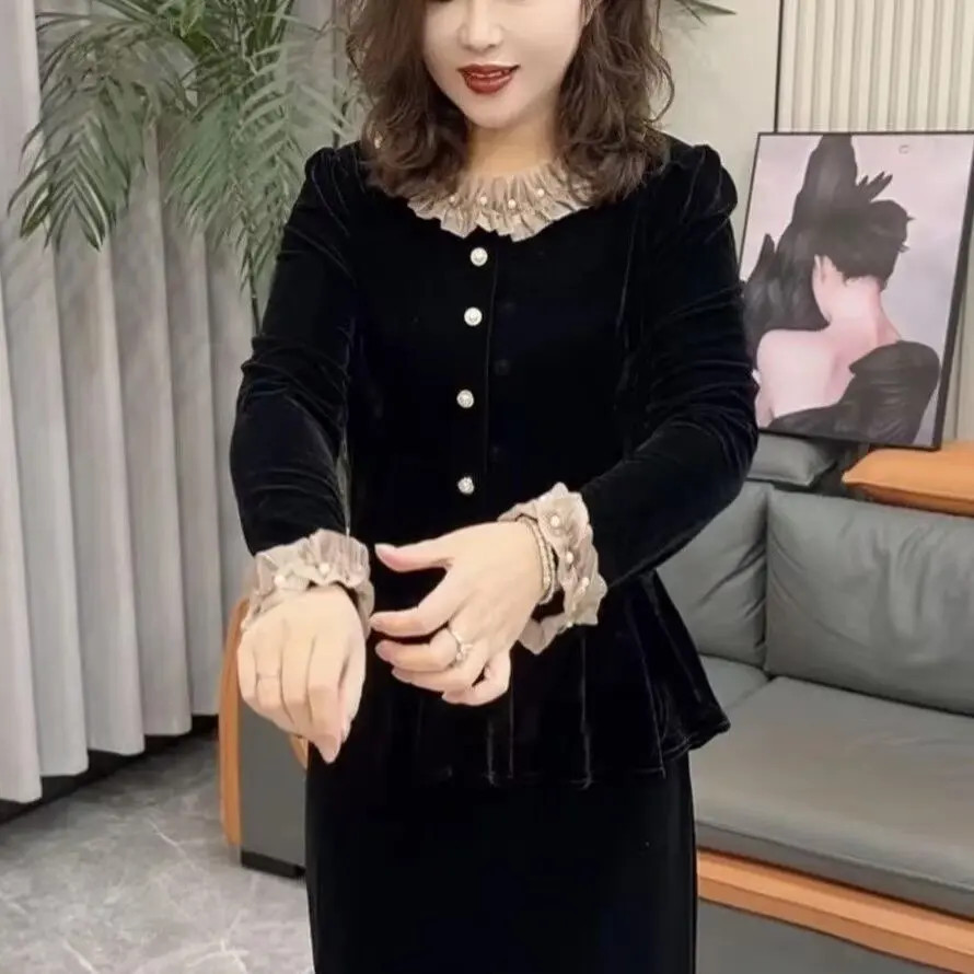 Women's fitted lace velvet blouse, new spring and autumn style, chic and elegant Chanel-inspired top