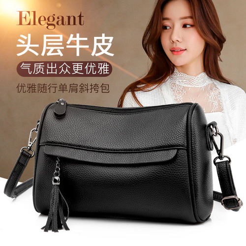 源头厂家头层牛皮包包女新款百搭真皮枕头包中年时尚单肩包斜挎包