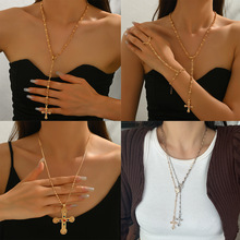 欧美跨境饰品个性镶嵌水钻十字架项链套装冷淡风合金锁骨链项链女