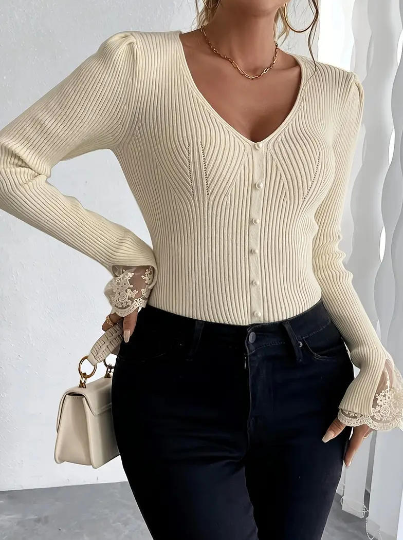 Europa y América transfronterizos ropa de mujer de punto de encaje de cuello V elegante suéter