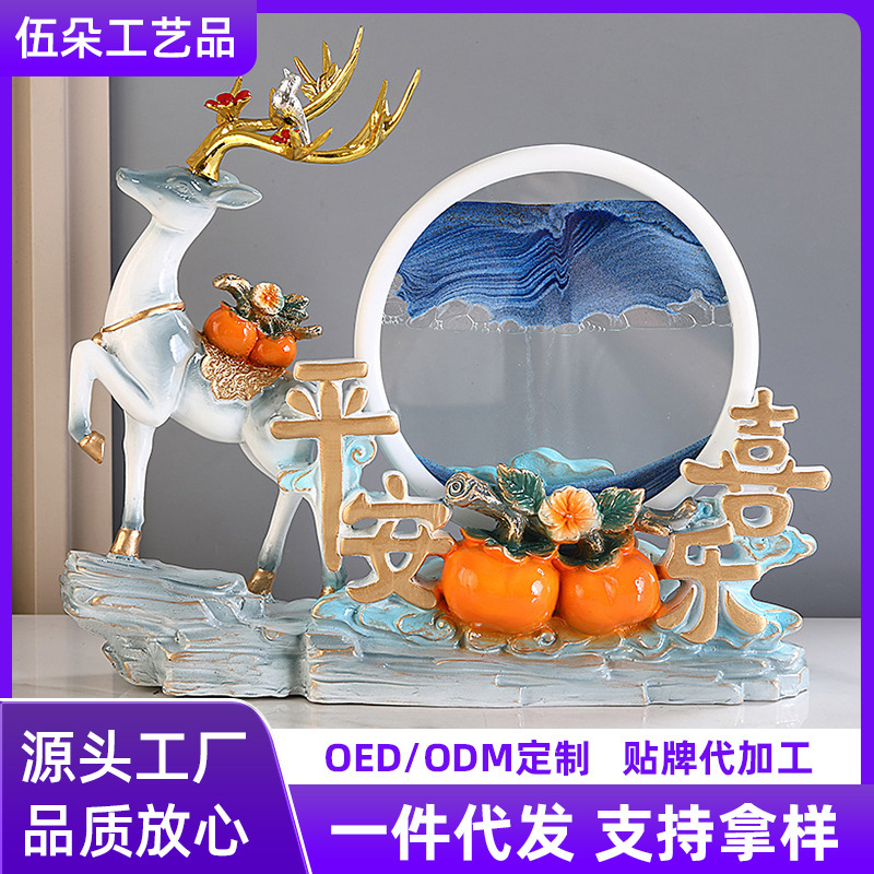 3D Fortune Deer Quicksand Painting Ornament Housewarming Gift for Living Room Office Ceramic Craft Decoration Tv Cabinet Home Hourglass