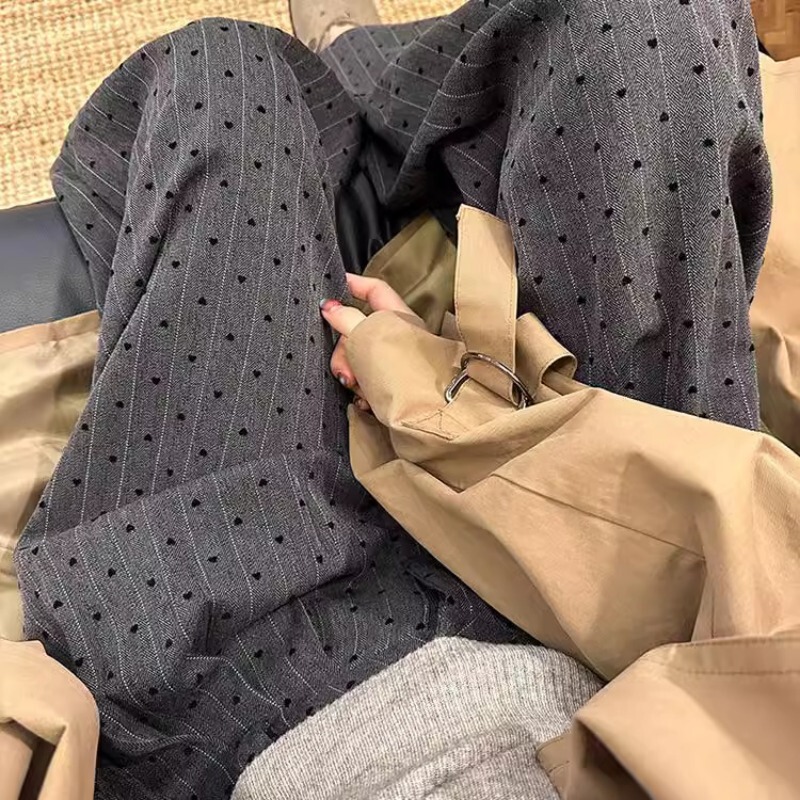 灰色条纹爱心植绒阔腿裤女2025秋季新款韩系高腰宽松直筒西装裤子|undefined
