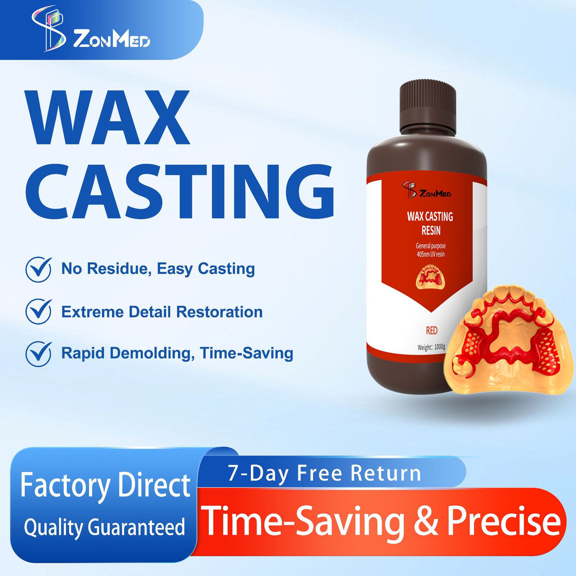 405nm波长牙科光固化3D打印机红色浇注铸造注瓷蜡型光敏树脂