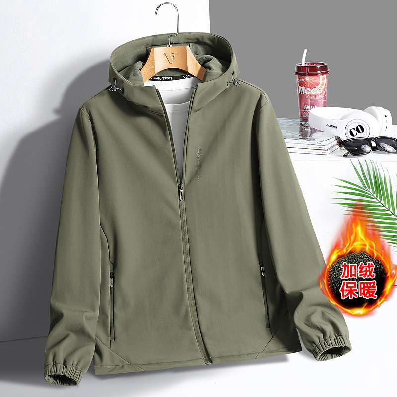 New autumn and winter outdoor soft shell jacket men's plus size fleece-lined thickened windproof waterproof jacket hooded jacket men