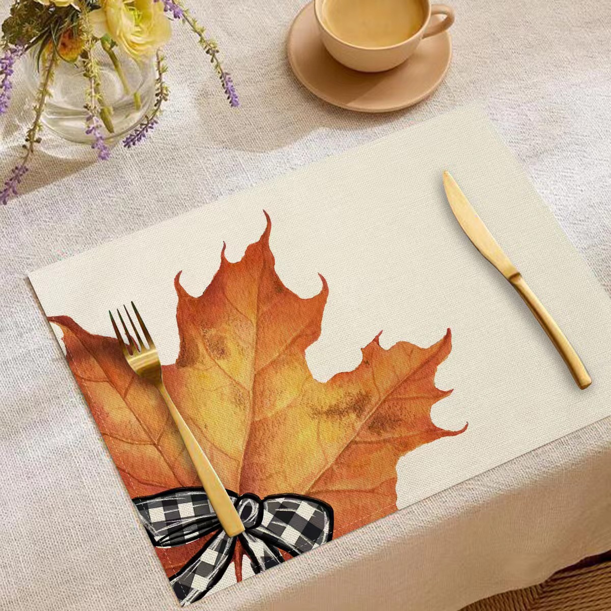 Transfronterizo temu explosión Día de Acción de Gracias otoño calabaza lino estampado conjunto lino estampado mesa de restaurante
