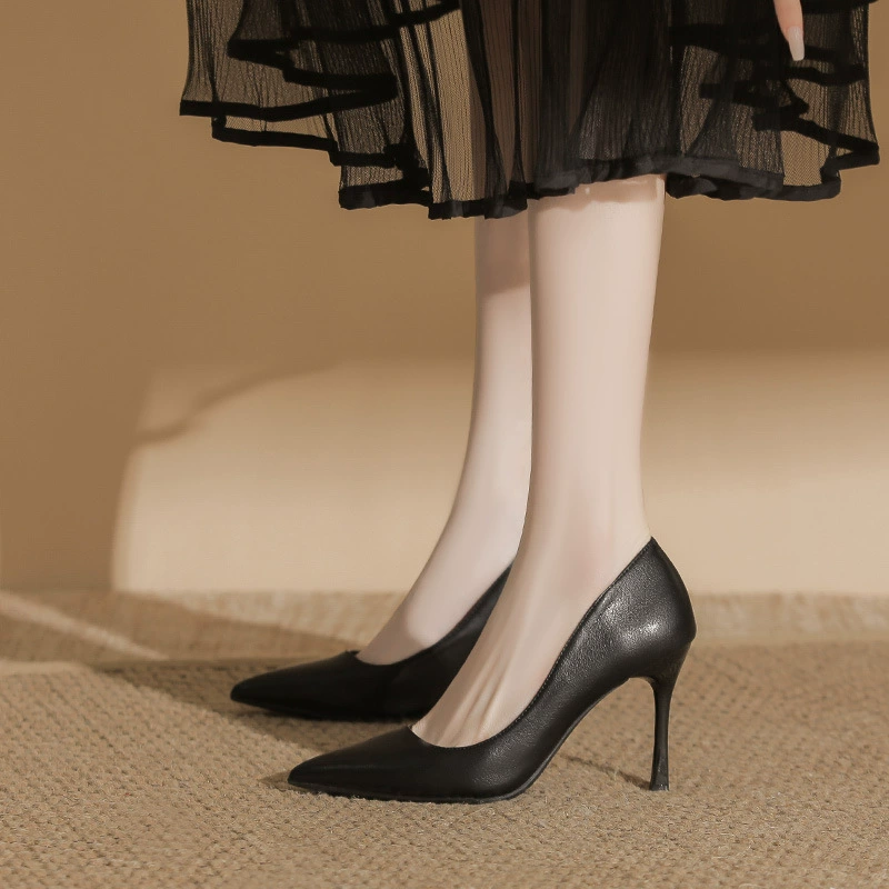 [2025 new leather thin heel pointed toe large size widened fat feet commuting high heels for women simple work women's shoes]