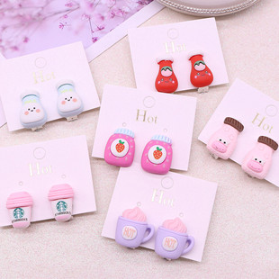New Children's Ear Clip Cute Jam Milk Tea Cup Anti-Pain Ear Clip Earrings Ear Studs Girl Jewelry