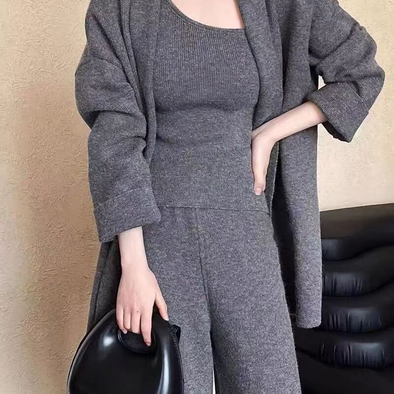 法式简约高级感针织套装女秋冬新款毛衣开衫斜肩背心阔腿裤三件套|undefined