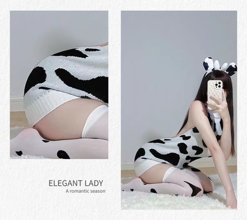 Cow Maid Knit Sweater Costume Set with Socks and Ears, Backless Open-Knit Design — detail image 8