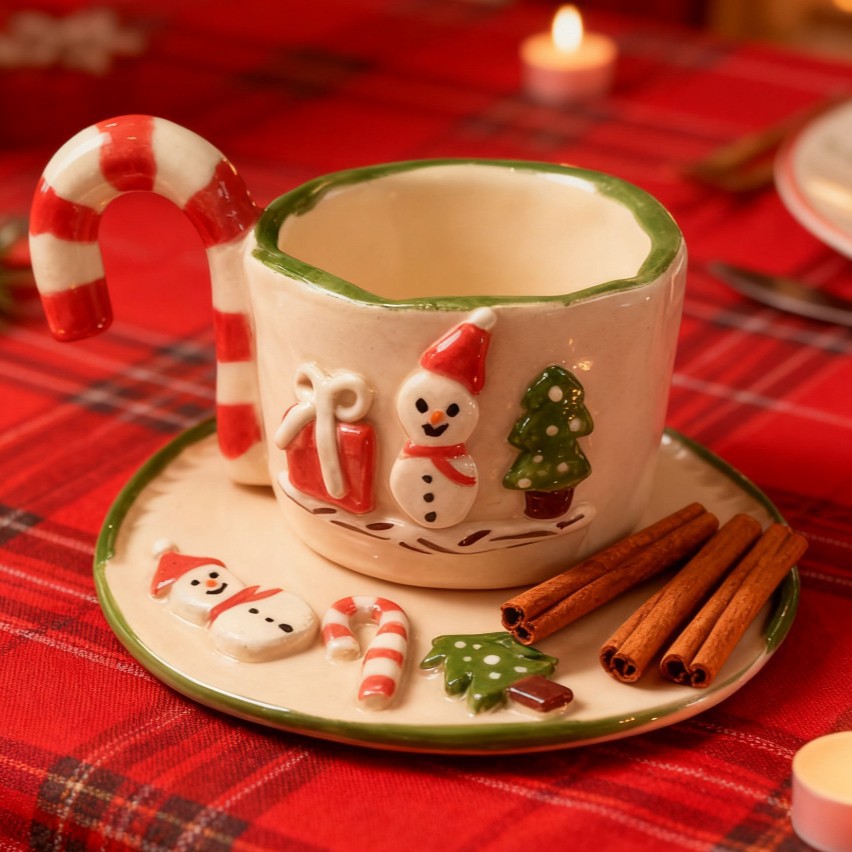 Navidad temática muñeco de nieve taza de cerámica plato conjunto muletas mango de azúcar taza de Navidad creativa taza de regalo de cerámica Qin Sheng