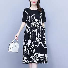 连衣裙女2026夏季新款胖mm休闲大码时髦印花拼接宽松遮肚显瘦裙子