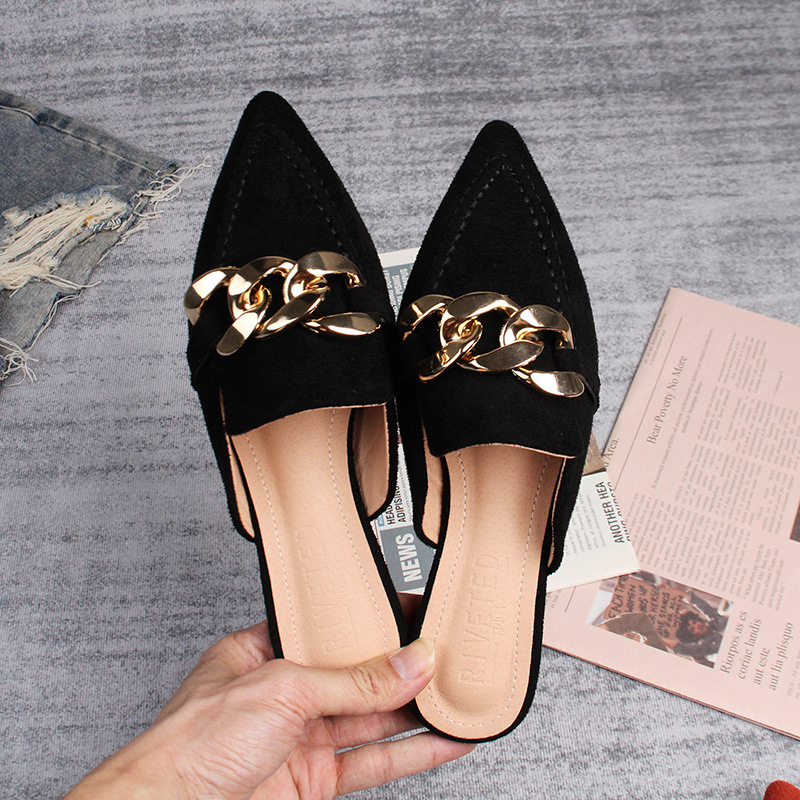 Flat half slippers women's spring and autumn new pointed metal chain Muller shoes 41-43 foreign trade shoes wholesale_voghion.com