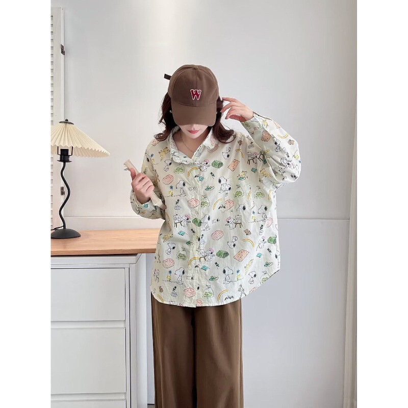 2025 Spring and Autumn Snoopy New Korean Version Cartoon Print Single-Breasted Loose Long-Sleeve Women's Shirt 2025 Spring and Autumn Snoopy New Korean Version Cartoon Print Single-Breasted Loose Long-Sleeve Women's Shirt