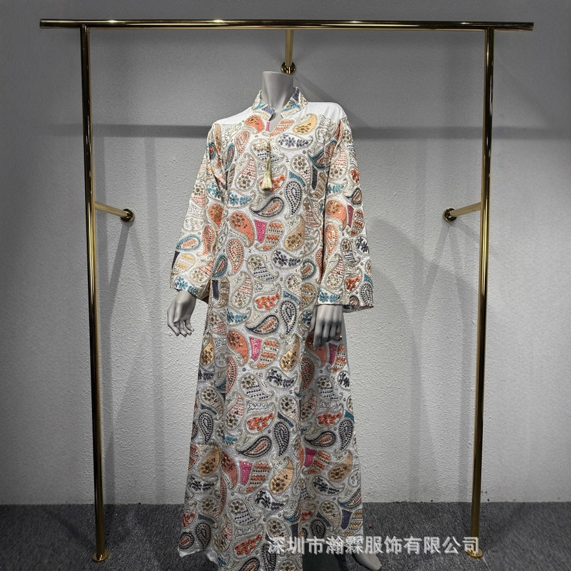 Nk012 Cross-Border Foreign Trade Wholesale Robe French Fashion Retro Slim Fit Waist-Tie Printed Dress