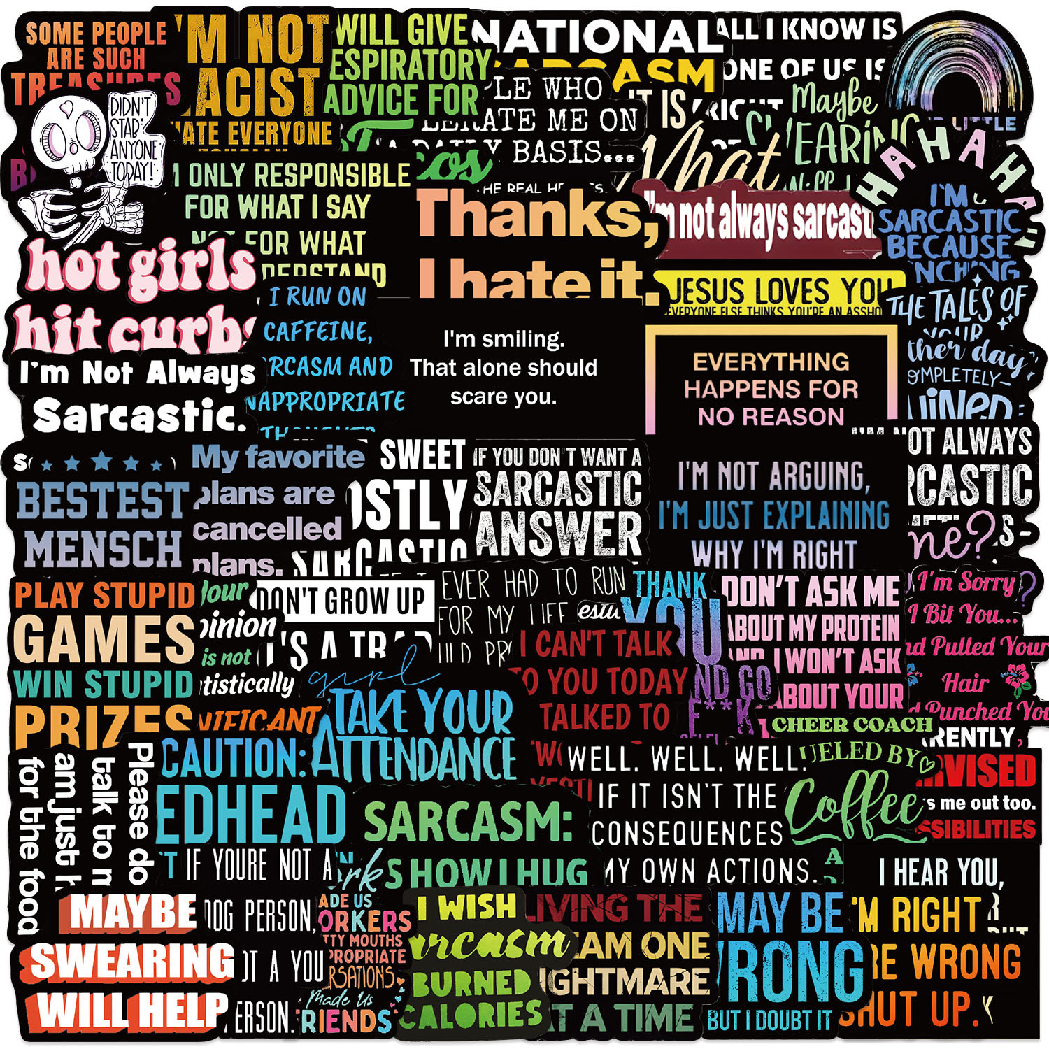 55张卡通讽刺文字荧光黑边装饰贴纸DIY手账水杯手机防水跨境贴纸