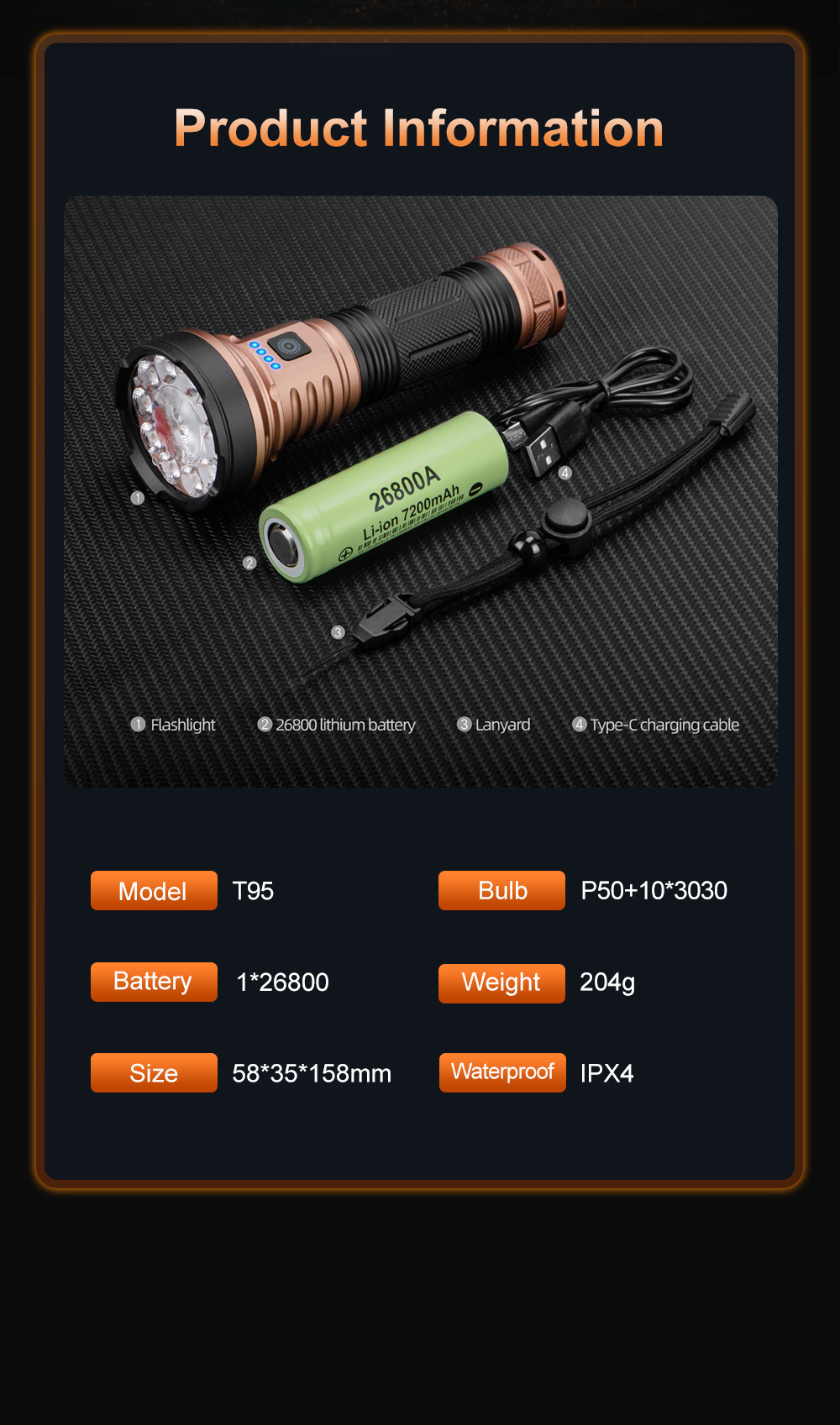 Outdoor high-brightness flashlight LED rechargeable lighting lamp for camping emergency use with multi-level adjustment and battery indicator