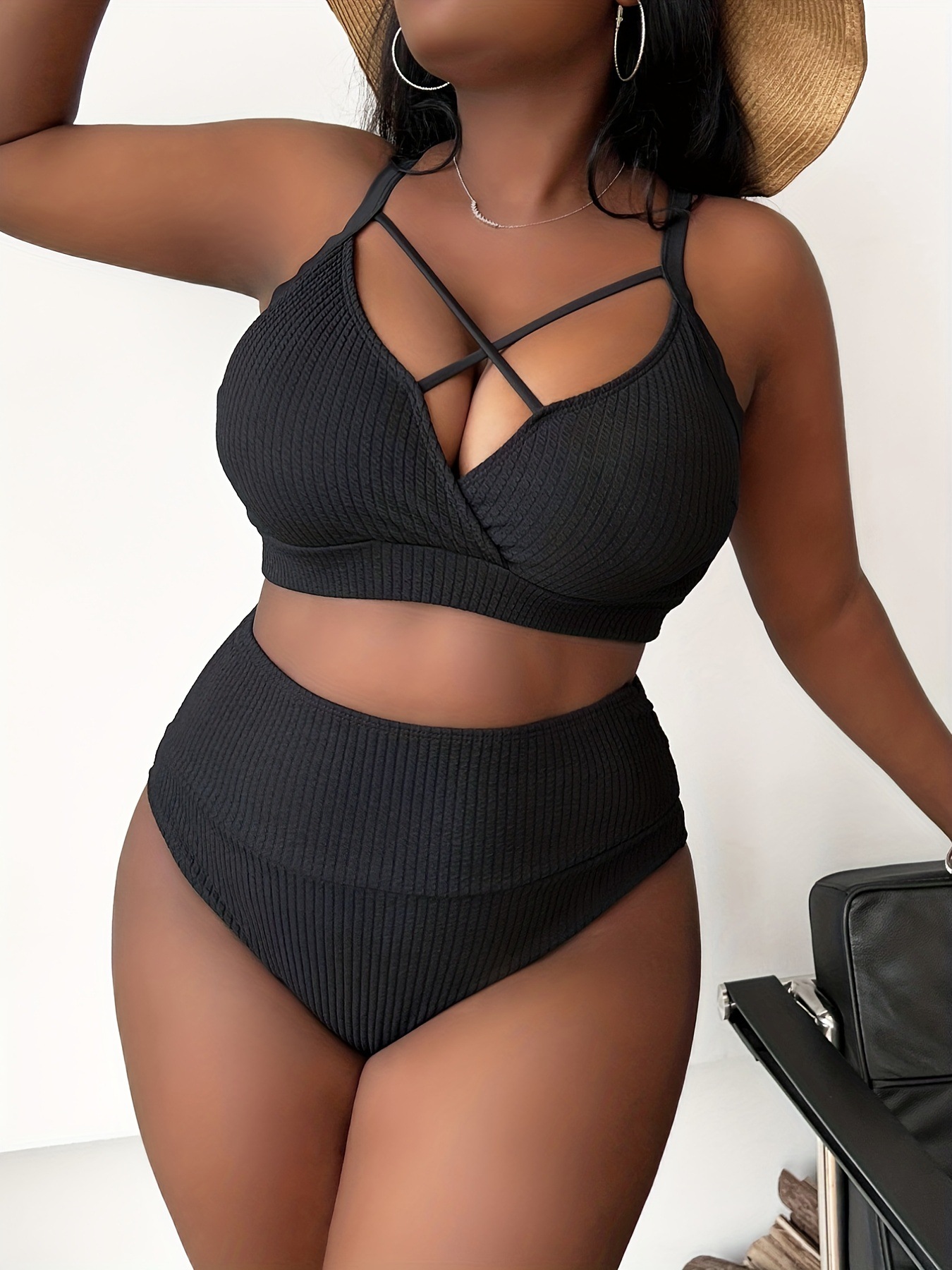 New European And American Foreign Trade Sexy Solid Color High-Waisted Bikini Swimsuit For Plus-Size Women P005_ecoleips.com