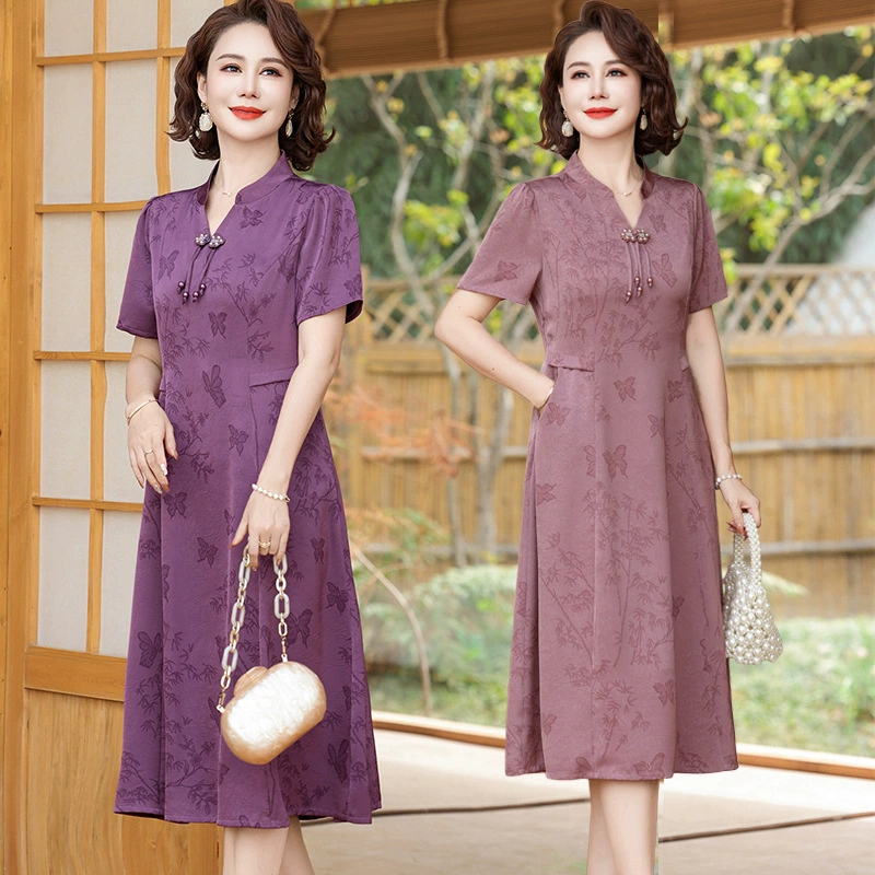 Новое летнее платье для матери среднего возраста, длинная юбка до колена, юбка для среднего и пожилого возраста, летнее платье с короткими рукавами, модное