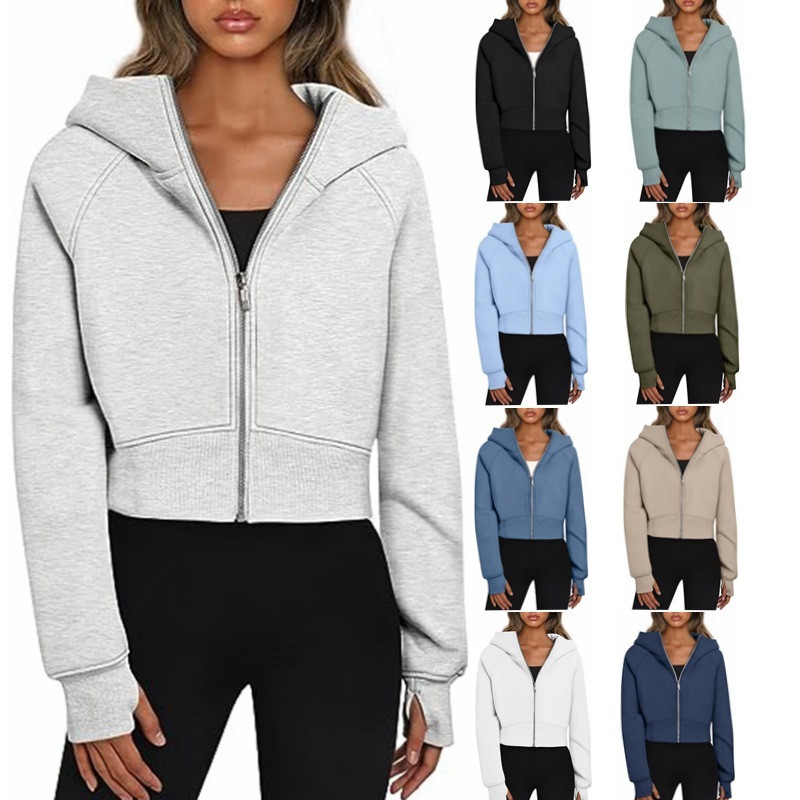 2024 European and American Export Cross-Border Women's Clothing Amazon Hooded Zipper Short Casual Fleece-Lined Long-Sleeved Sweatshirt