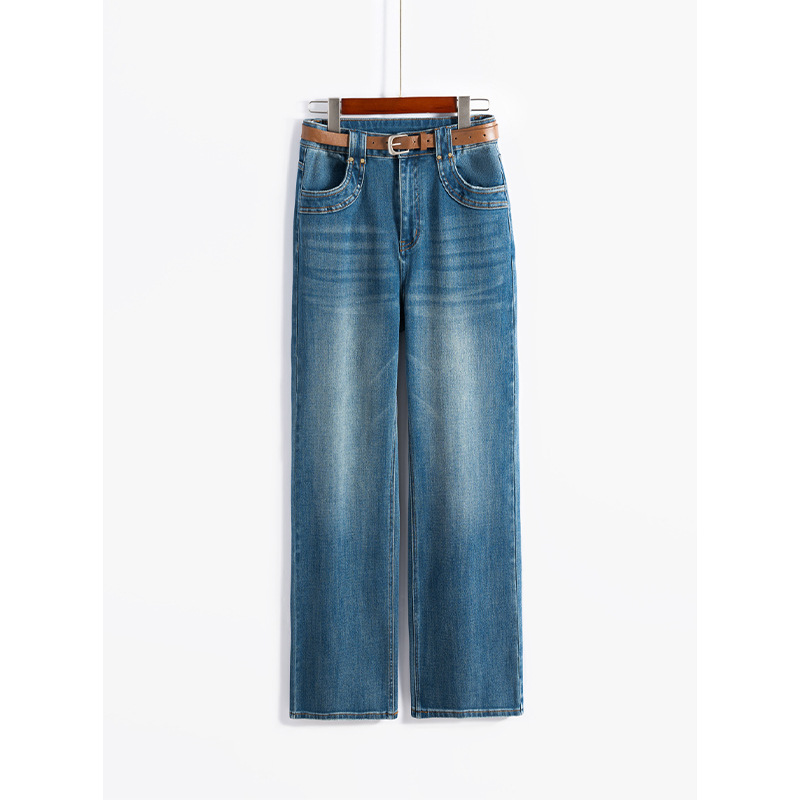 Four-sided jeans for women 2024 autumn new narrow version wide-leg pants loose high waist straight pants