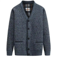 外贸专业批发冬季中年男加绒毛衣开衫 加厚V领中老年爸爸装针织外