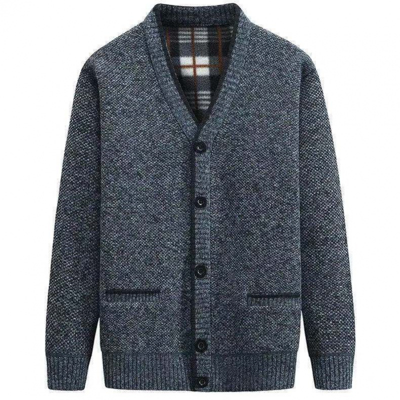 外贸专业批发冬季中年男加绒毛衣开衫 加厚V领中老年爸爸装针织外