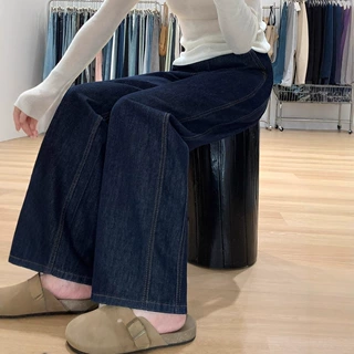 深蓝色直筒牛仔裤女春季新款胖妹妹mm梨形身材高腰宽松显瘦阔腿裤