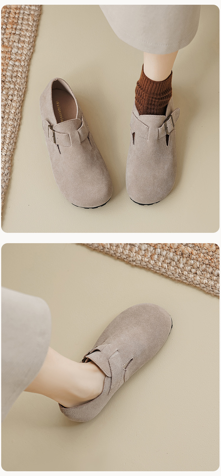 2024 neue Damen-Winter-Outwear aus echtem Leder mit Plüschschuhen, flacher Sohle, One Step Milard Retro-Bucken-Einzelschuhe mit weicher Sohle_voghion.com