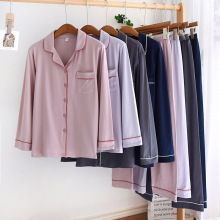 男士睡衣女纯棉春夏款长袖家居服针织薄款纯色简约套装加大码开衫