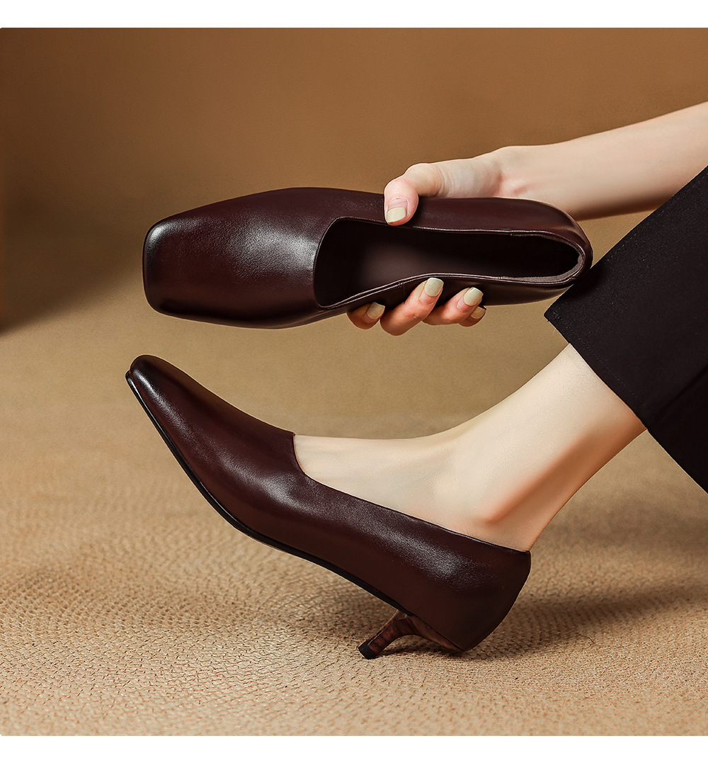Giày nữ gót trung bình 4 cm mũi vuông da cừu kiểu bà ngoại đi làm — màu nâu chi tiết 6