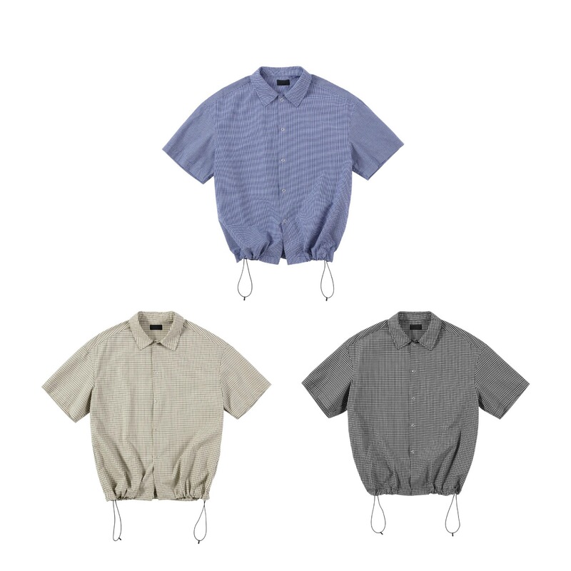 〔 Plus No Logo 〕25Ss Miu Series Plaid Shirt with Drawstring Short Sleeves for Summer