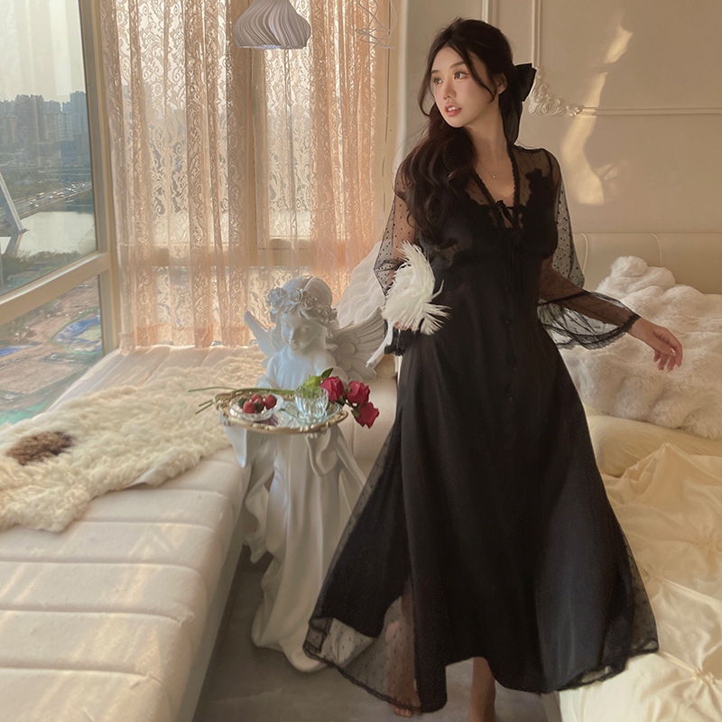 Chiffon Long-sleeved French Dress Pure Desire Pajamas Sexy Ice Silk Nightgown Women's Summer High-end Sense Home Clothes with Chest Pad
