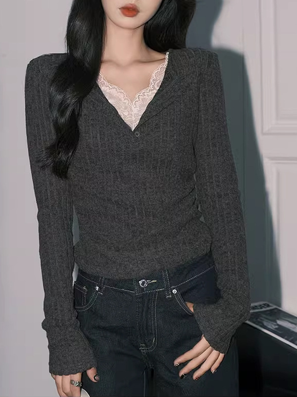气质灰色蕾丝假两件V领针织小衫女纯欲修身长袖打底上衣|undefined