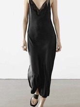 原-西班牙MD女装蕾丝边黑色长款缎面垂感吊带裙 连衣裙