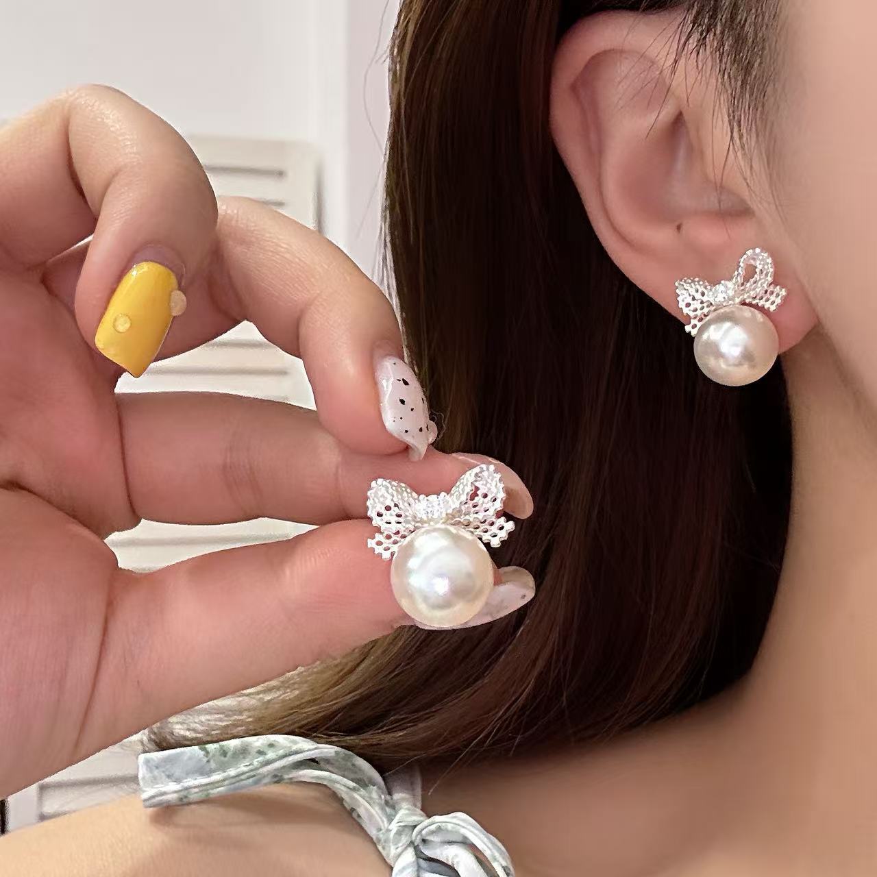 발레 레이스 리본 실버 진주 귀걸이 여성 심플 패션 이어링 E1854